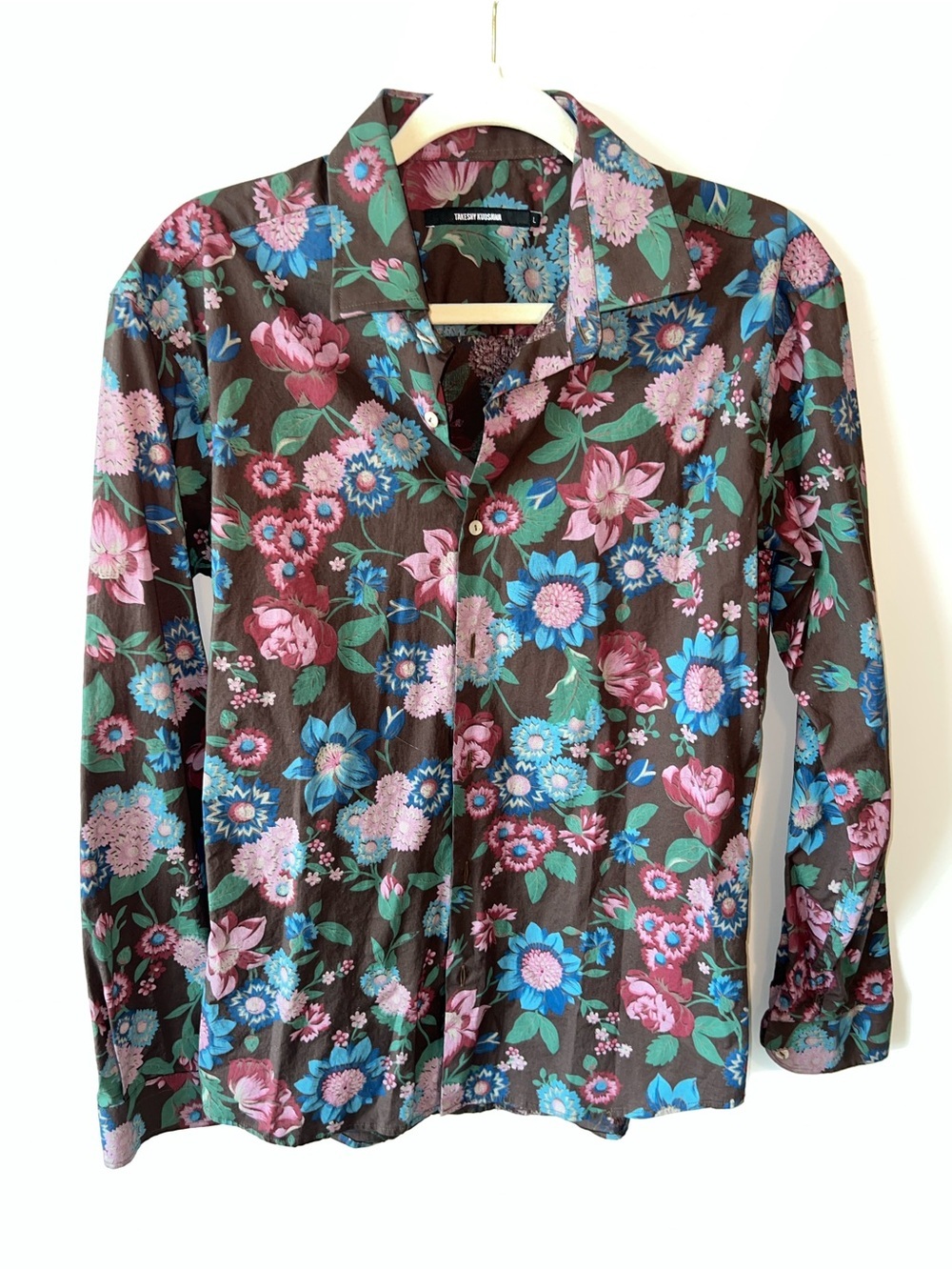 Takeshy Kurosawa Brown Floral Button-Down Shirt Made in Italy Cotton